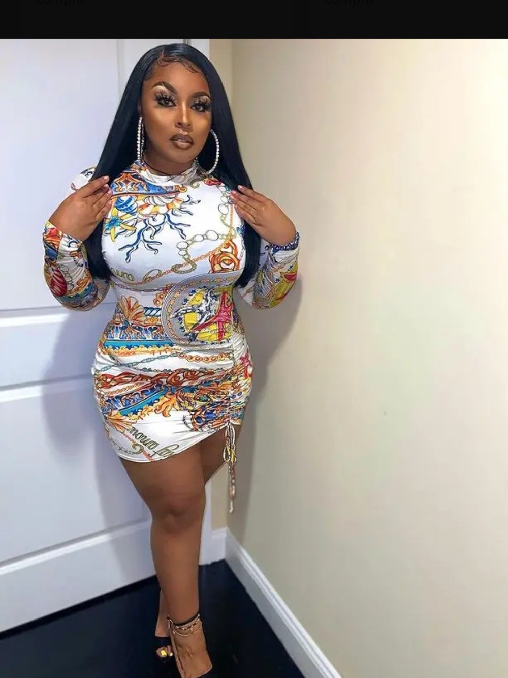 White Baroque Print Long Sleeve Bodycon Dress